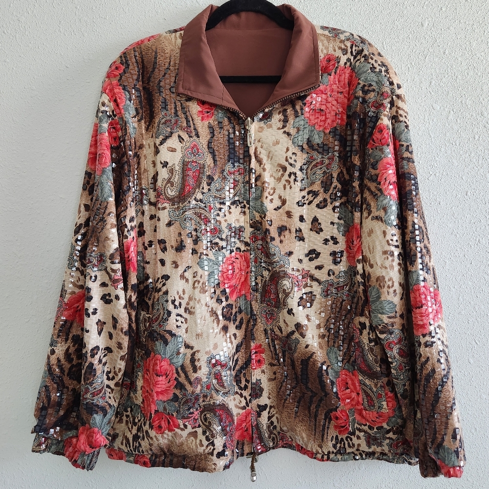 Leopard & Rose Double Sided Brown Floral Sequence Embellished Jacket Blazer XXL